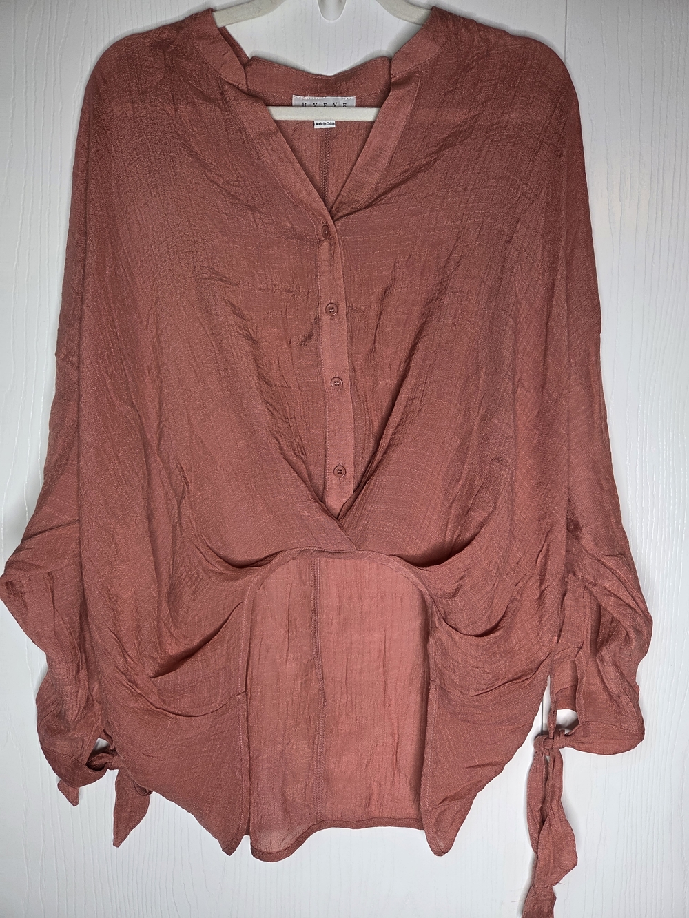 HYFVE Rust Boho Blouse Flowy Tie Sleeve Top Lightweight Gauze Button Front-S